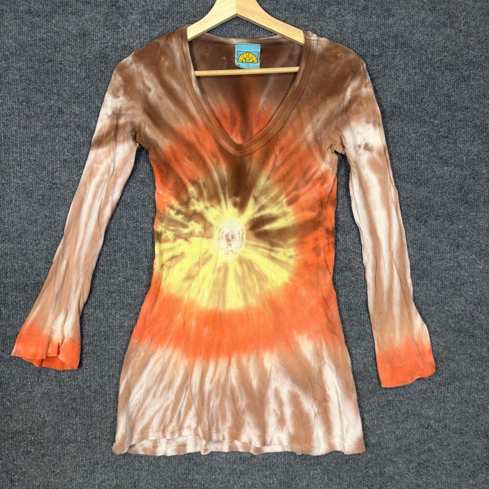 C&C California Women's Tunic Top XS Brown Orange Tie Dye V Neck Bell Sleeve USA